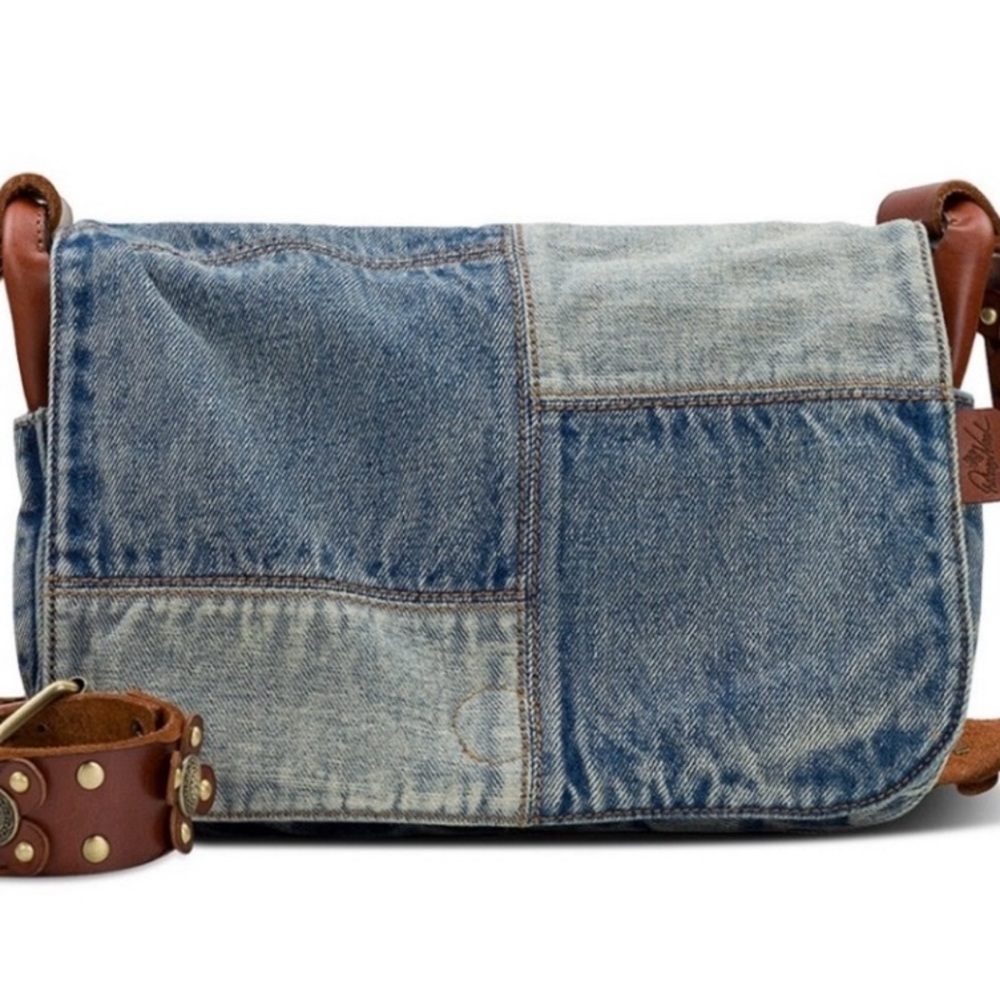 Patricia Nash Denim Patchwork Crossbody Bag with Brown Leather